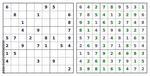 Expert 9x9 Sudoku green answer key. Transparent background black grid numbers 1-9