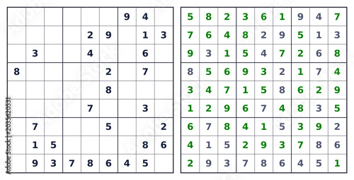9x9 Sudoku green highlighted answer. No background black grid for layout