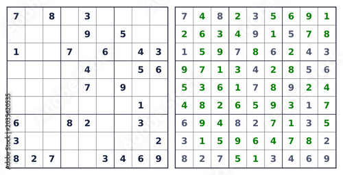 Classic 9x9 Sudoku green solution. Transparent background black grid complete