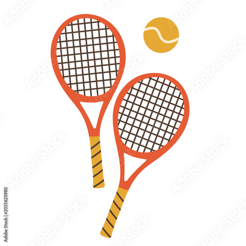 Foto Flat vector illustration with vintage tennis rackets and yellow ball isolated on white background