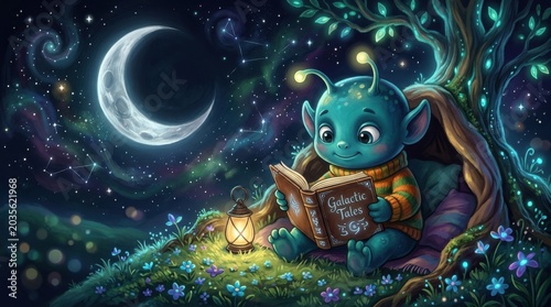 Cute alien reading book at night under the moon, blue creature storybook education, learning fantasy adorable character, childlike