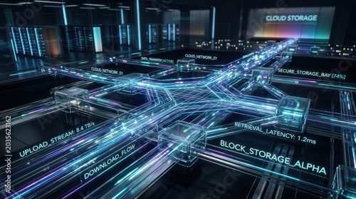 Abstract visualization of cloud storage data flow and network connections