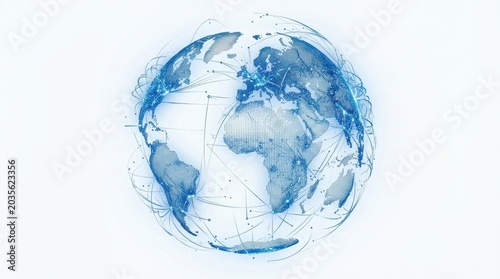 Abstract digital earth map composed of millions of glowing dots and data streams on a white background. The globe shape is formed