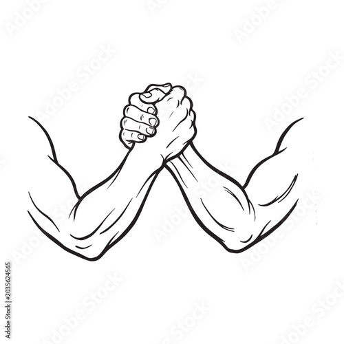 Muscular arms wrestling or shaking hands in black and white
