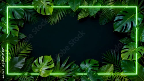 Tropical leaves with neon frame