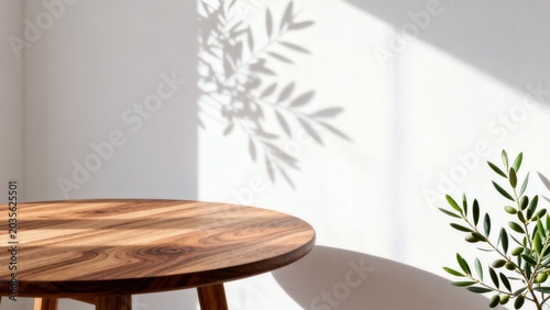 Wooden table with plant shadow on wall