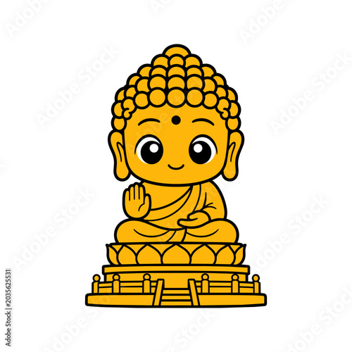 Cute chibi Buddha vector in golden yellow, sitting on a lotus pedestal with raised blessing hand, peaceful smiling face, bold black outline, Hong Kong spiritual Buddhist icon isolated on white backgro