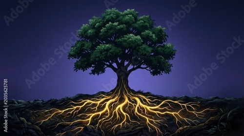 Artistic tree illustration featuring a stylized silhouette with glowing roots that resemble a network of golden light. The roots