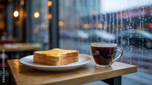Hot coffee and melted cheese toast on a plate by a rainy cafe window