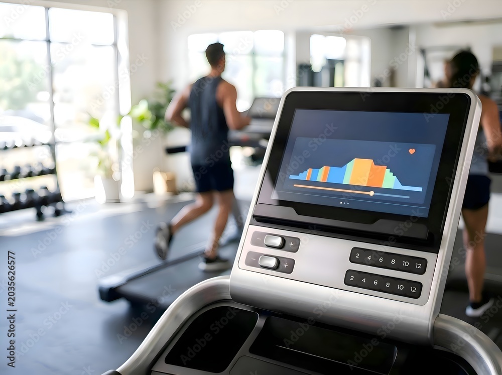 Fototapeta premium Close Up of Treadmill Dashboard Display Interface with Man Running in Gym Background