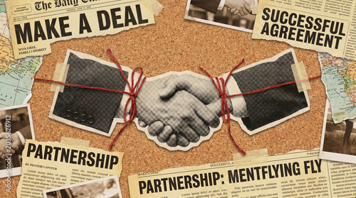 Vintage Collage of Shaking Hands and Headlines for Business Partnership