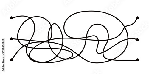 Billede på lærred Three black lines starting from separate dots, tangling into a chaotic knot, and reaching three end points