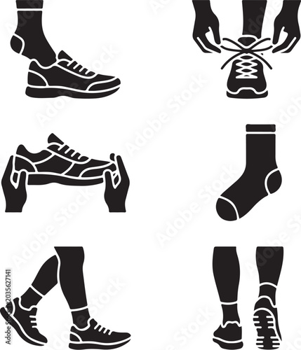 Shoe and footwear icon set. Sneaker tying laces vector illustration. Sock and foot icons. Walking leg silhouettes. Sports apparel graphics collection. Putting on shoes pictograms. Minimalist black