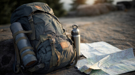A travelerâs backpack filled with hiking gear, water bottle, and folded maps outdoors