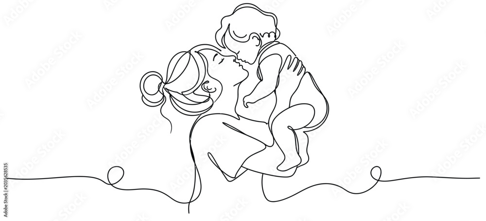 Fototapeta premium Minimalist continuous one-line drawing of a mother tenderly lifting and holding her baby face-to-face.