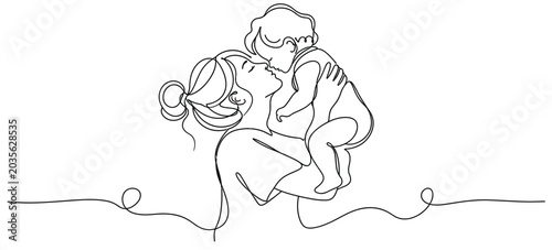 Bild auf Leinwand Minimalist continuous one-line drawing of a mother tenderly lifting and holding her baby face-to-face