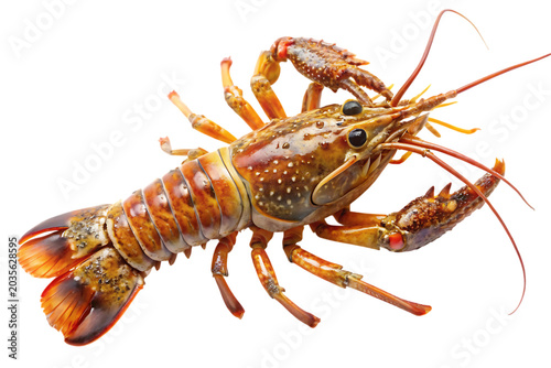 Detailed close-up of a live crawfish with orange and brown shell, showing its claws and antennae crayfish isolated on a transparent background