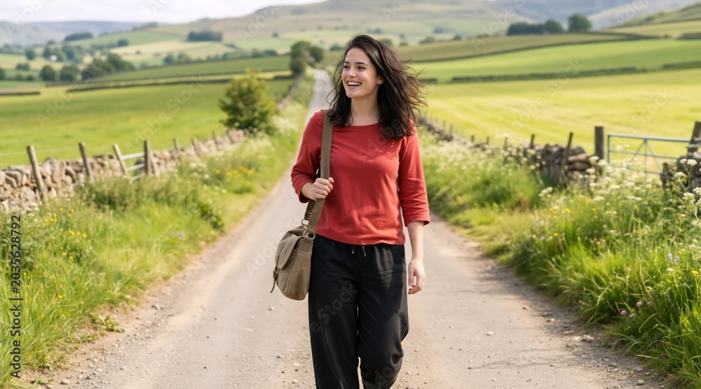 Fototapeta premium Smiling young woman walking on a rural road in the countryside. Happy female traveler with messenger bag exploring green hills. Outdoor adventure and travel concept