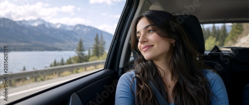 Young woman looking out of car window at mountain lake. Passenger on scenic road trip. Travel and vacation lifestyle concept