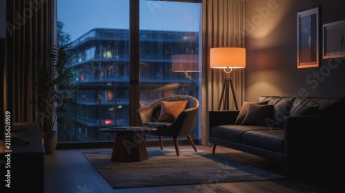 Modern living room with city view on a rainy evening