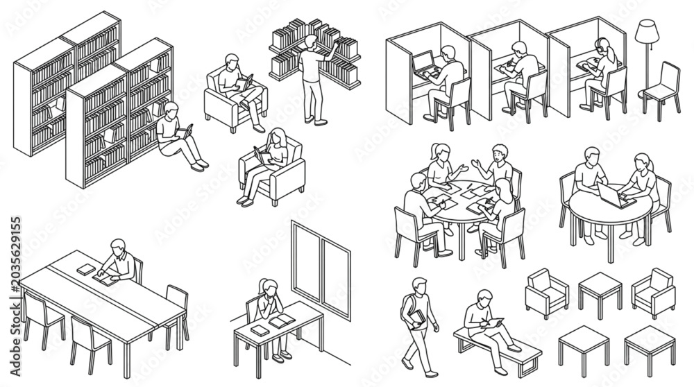 Obraz premium Vector isometric library entourage elements with study booths bookshelves and reading students