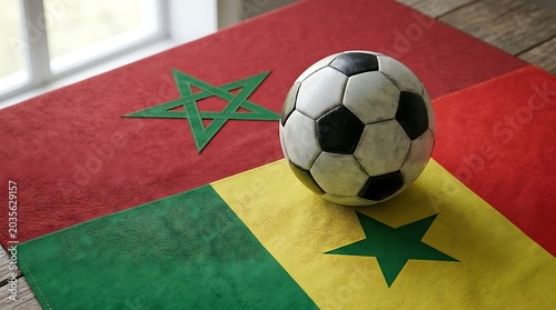 Soccer ball resting on morocco and senegal flag fabric.