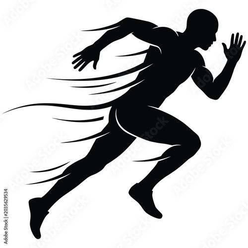 Silhouette of fast running sprinter athlete with motion speed lines on white surface.