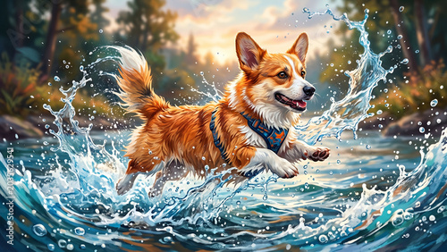 Happy Welsh Corgi dog running through a river with dynamic water splashes in a forest during summer outdoor adventure poster illustration