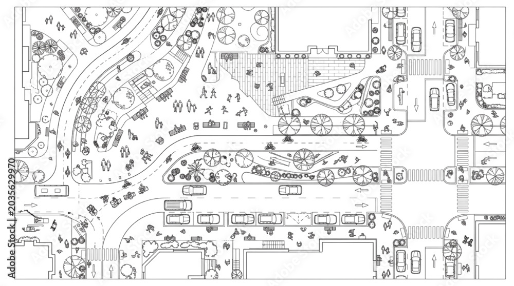 Obraz premium Vector urban street intersection master plan with plaza parking and crosswalks