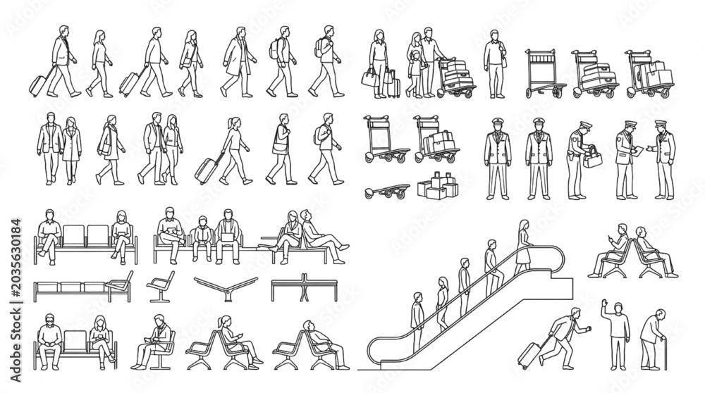Obraz premium Vector airport terminal entourage elements with passengers crew and luggage trolleys
