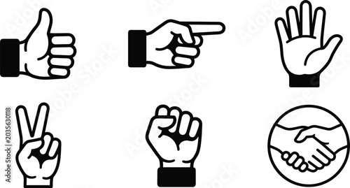 Quadro em tela Hand Gestures Line Art Vector Icon Set Featuring Thumbs Up Pointing Finger Open