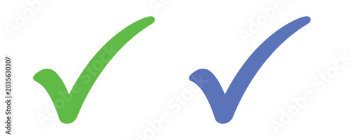 Photos Two stylized checkmarks in green and blue colors for comparative analysis and selection process icons on white field