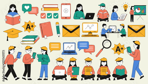 Online education learning symbols and student avatars flat line vector illustration set.