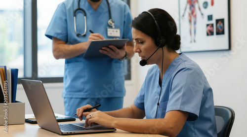 Nurse wearing headset types on laptop, speaking with patient. Colleague in scrubs holds clipboard, takes notes. Medical office, telehealth call, remote consultation.