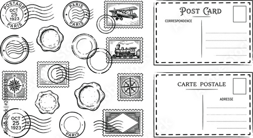 Foto Vintage Postcard and Postage Stamp Vector Icon Set Featuring Paris Postmarks Wax