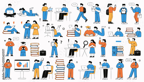 Quadro su tela Varied characters interacting with technology and educational materials for learning