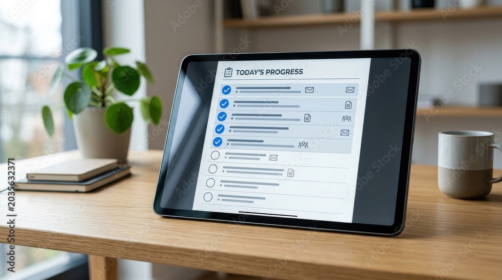 Fototapeta premium Digital checklist on a modern tablet screen with several completed tasks and blue checkmarks in a minimalist office setting. The