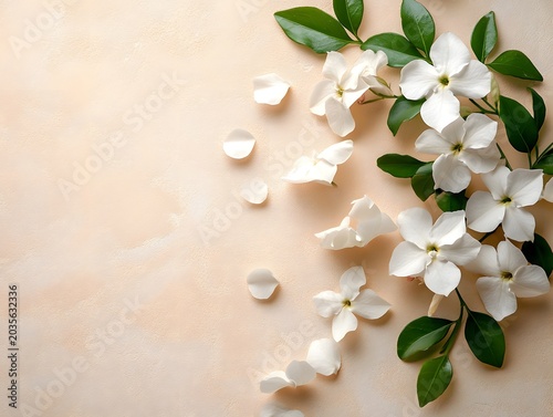 Arrangement of white jasmine flowers and green leaves on soft peach background.
