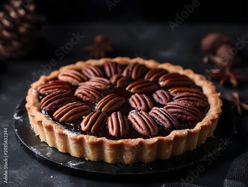 Artisan pecan pie with a crimped crust and rich dark filling adorned with whole nuts.