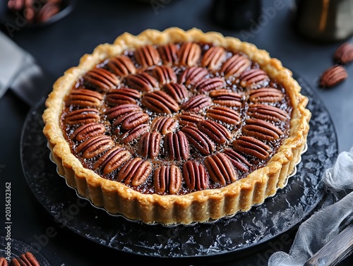 Artisanal pecan pie on dark stone board with rustic aesthetic and holiday feel.