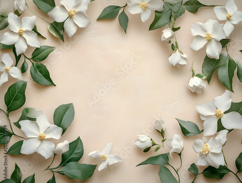 Artistic arrangement of white gardenia blossoms and green leaves on neutral textured surface.