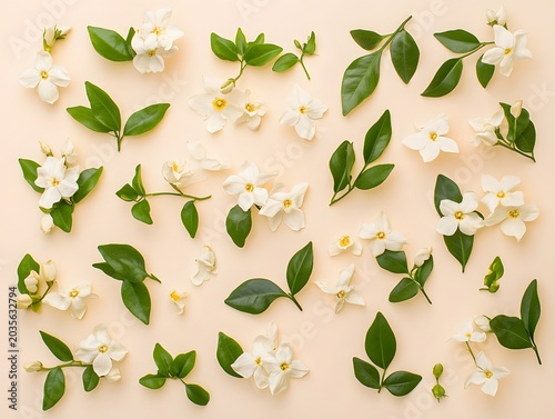 Assorted white jasmine flowers and lush green leaves elegantly arranged on a soft pastel background.