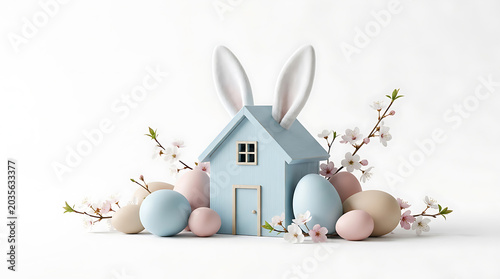 Decorative blue wooden house with bunny ears and pastel colored easter eggs surrounded by spring flowers on white background