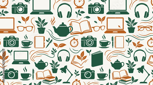 Cozy study and work essentials pattern with tea, books, and gadgets