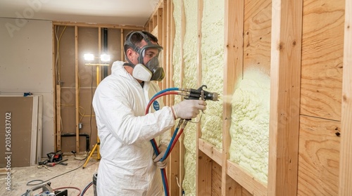 Construction worker manually applying spray foam insulation to a wooden wall in a modern interior renovation project. The scene