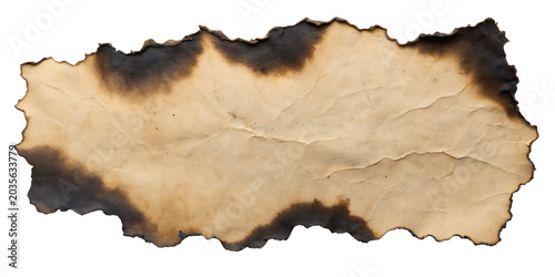 Aged and burnt paper fragment with charred edges, showcasing a textured surface with a vintage feel burnt edges isolated on a transparent background