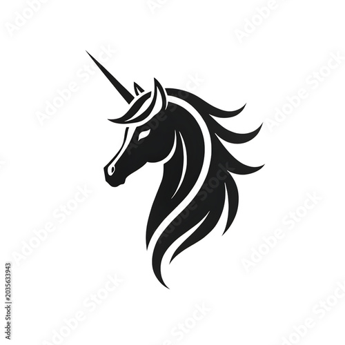 White line of a unicorn head, showcasing its profile, spiraling horn, and flowing mane line white outline isolated on a transparent background