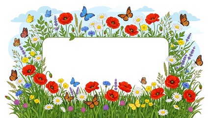 Flower frame with tulips and butterflies in spring meadow garden illustration