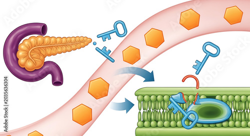 Medical of pancreas releasing insulin keys into the bloodstream to unlock cell receptors for glucose absorption