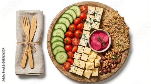 Zero-waste summer grazing platter with locally sourced United Kingdom cheese, hummus, and mixed snacks, isolated on white